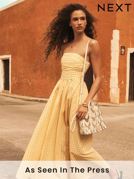 Galben model gingham - Rochie midi de vară cu bandou Seersucker (AW4090) | 268 LEI