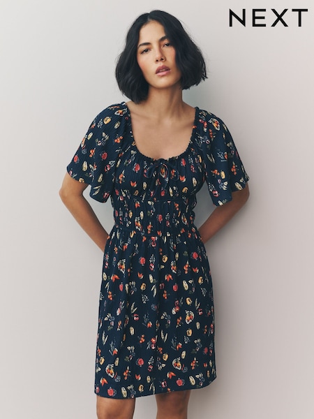 Black Vegetable Print Short Sleeve Tie Front Jersey Mini Dress (AW4092) | €30