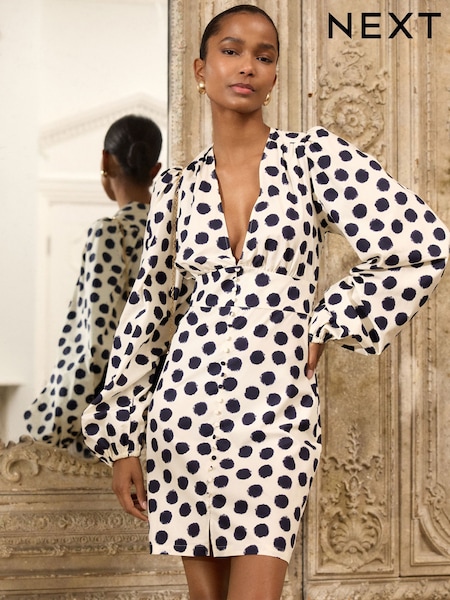 Черно-белый - 100% Cotton Long Sleeve Blouson Sleeve Waisted Mini Dress (AW4093) | €43
