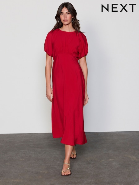 Bright Red Print Puff Sleeve Midi Dress (AW4096) | €46