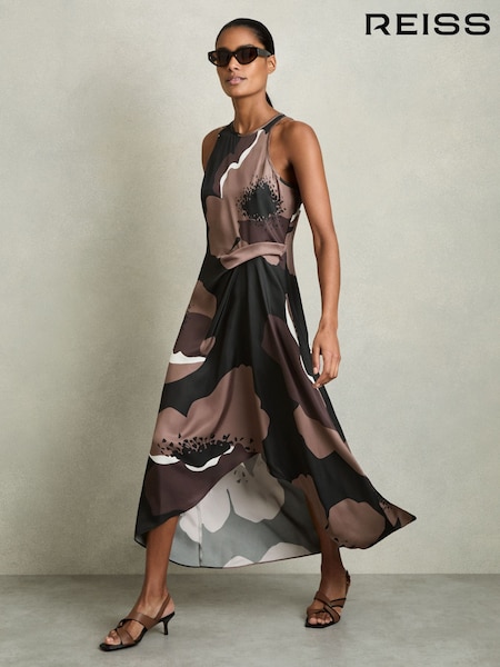 Reiss Brown Michalie Satin Floral Tuck Midi Dress (AW4140) | 1,250 QAR