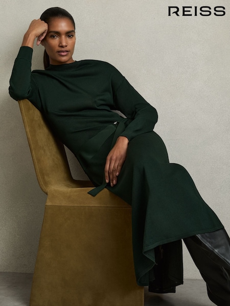 Reiss Dark Green Alina Petite Compact-Knit Belted Midi Dress (AW4149) | AED1,224