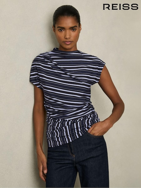 Reiss Blue Dillon Stripe-Print Draped Top (AW4154) | €82