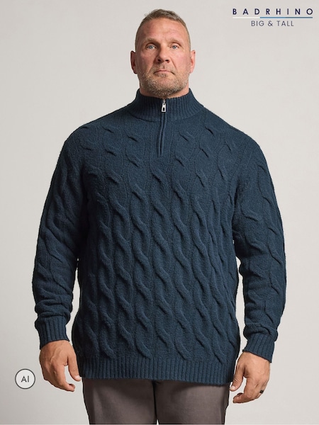 أزرق - Regular Badrhino Big & Tall Cable Quarter Zip Jumper