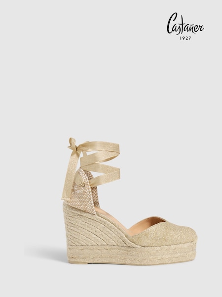 Castaner Gold Platform Wedge Heel Ankle Tie Metallic Linen Espadrilles (AW4309) | 1,266 LEI