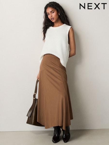 Brown Faux Suede Asymmetric Hem Midi Skirt (AW4358) | $77