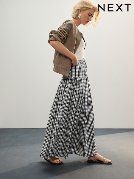 Musta/Valkoinen Gingham - Pudota Vyötärö Maksi- Hameet (AW4384) | €50