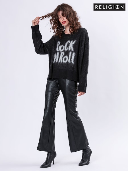 Religion Black Oversized Heart Jumper with Rock N Roll Jacquard (AW4450) | AZN 191