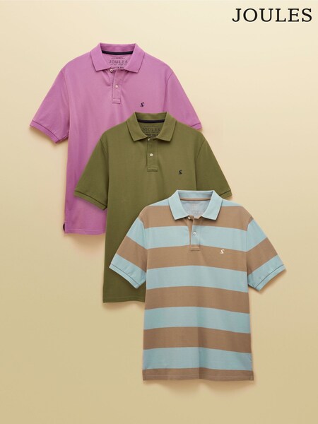 Joules Woody Polo Shirts Lilac/Khaki/Blue & Brown Stripe 3 Pack (AW4480) | R$ 690