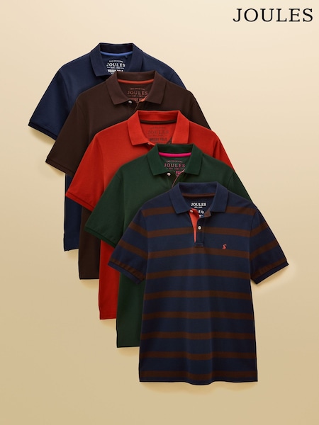Joules Woody Polo Shirts Navy/Green/Brown/Orange/Brown Stripe 5 Pack (AW4483) | 544 QAR