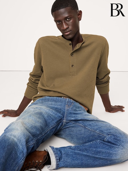 Banana Republic Green Slub Double-Knit Henley Long Sleeve T-Shirt (AW4505) | €41