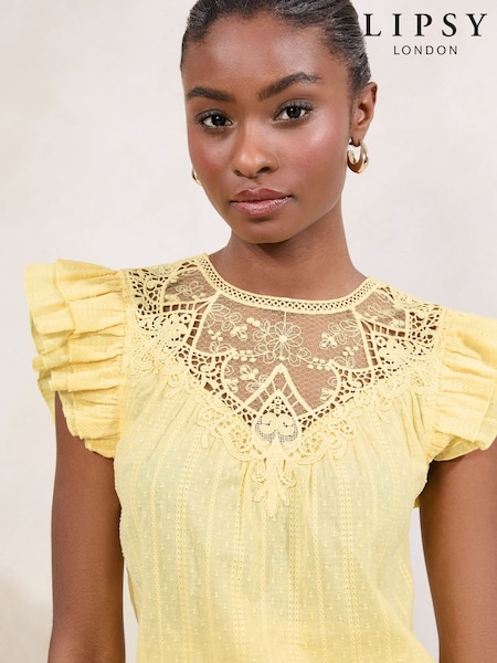 Lipsy Buttermilk Yellow Embroidered Flutter Sleeve Shell Top (AW4529) | ₪181
