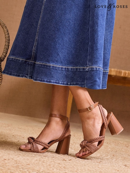 Bronz - Love & Roses Woven Knot Mid Block Faux Leather Heels Sandals (AW4561) | 417 LEI