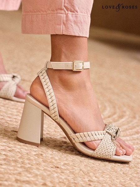Ecru - Love & Roses Woven Knot Mid Block Faux Leather Heels Sandals (AW4562) | 417 LEI