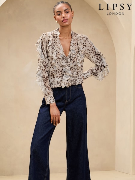 Lipsy Brown Leopard Print Ruffle Animal Long Sleeve Blouse (AW4613) | €48