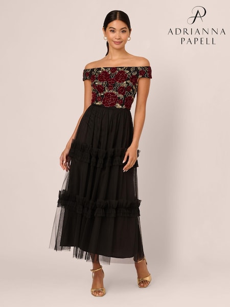 Adrianna Papell Velvet Tulle Party Black Dress (AW4638) | 1,249 LEI