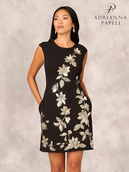 Adrianna Papell Aidan Mattox Beaded Crepe Black Short Dress (AW4639) | €530