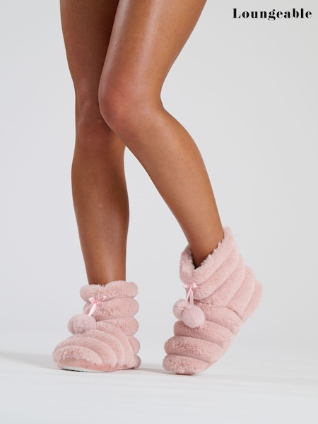 Loungeable Pink Textured Faux Fur Bootie With Poms (AW4648) | €12
