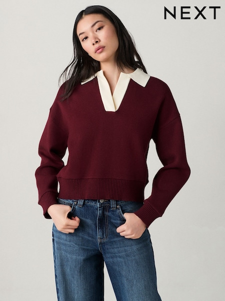 Burgundy Red/Ecru - Soft Touch Cosy Collared Button Down Polo Sweatshirt (AW4659) | ‏113‏₪