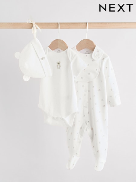 White Baby Sleepsuit, Bodysuit, Beanie and Bib Set 4 Piece (0-9mths) (AW4744) | OMR7