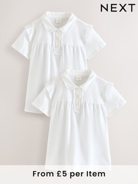 White Cotton Stretch Frill Shoulder School Polo Tops 2 Pack (3-16yrs) (AW4864) | 49 QAR - 94 QAR