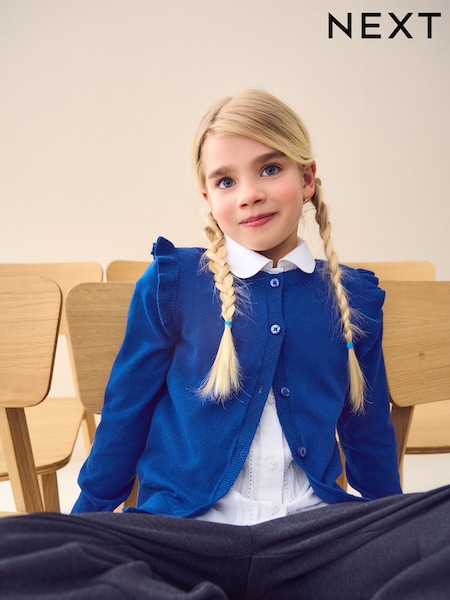Blue Cotton Rich Frill Shoulder School Cardigan (3-16yrs) (AW4873) | R$ 100 - R$ 145