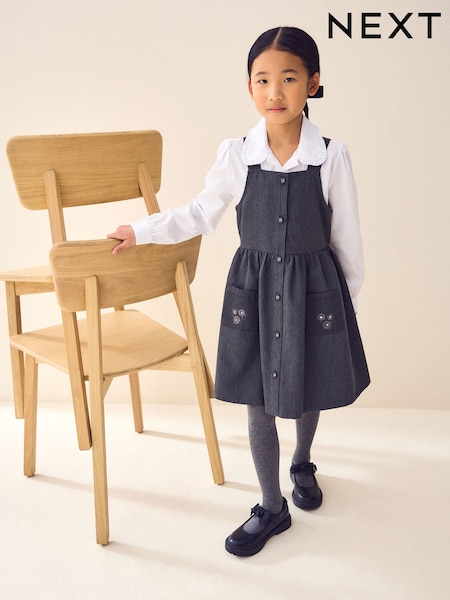 Grey Button Front Embroidered Pinafore School Dress (3-14yrs) (AW4874) | €13 - €16.50
