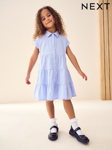 Blue Cotton Rich School Gingham Tiered Shirt Collar Dress (3-14yrs) (AW4889) | AED46 - AED61