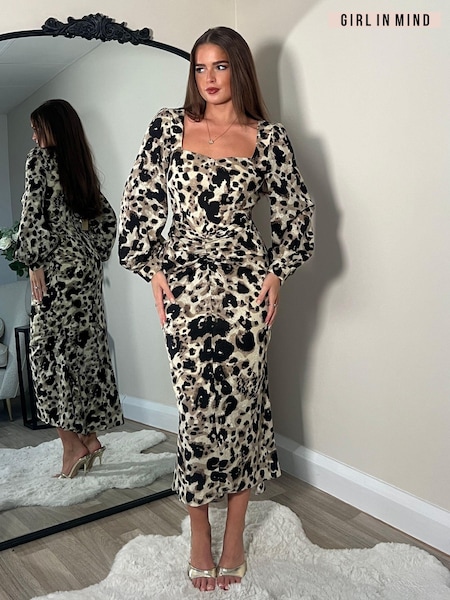 Girl In Mind Natural Leopard Mina Sweetheart Ruched Detail Midi Dress (AW5001) | $87
