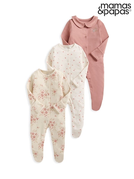 Mamas & Papas Pink Watercolour Floral 100% Cotton Sleepsuits 3 Pack (AW5022) | 34 €