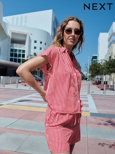 Red/White Stripe Short Sleeve Shirt with Linen (AW5059) | €34.50