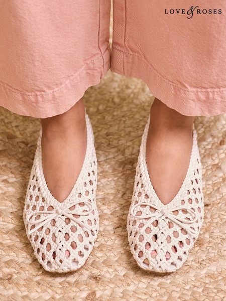 Ecru - Love & Roses Woven Crochet Faux Leather Ballerina Pump Shoes (AW5062) | 313 LEI