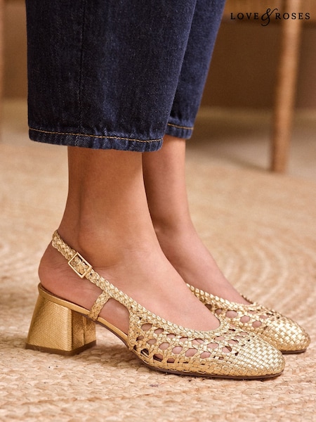 Aur - Love & Roses Woven Slingback Faux Leather Low Block Heels Court Shoes (AW5066) | 387 LEI