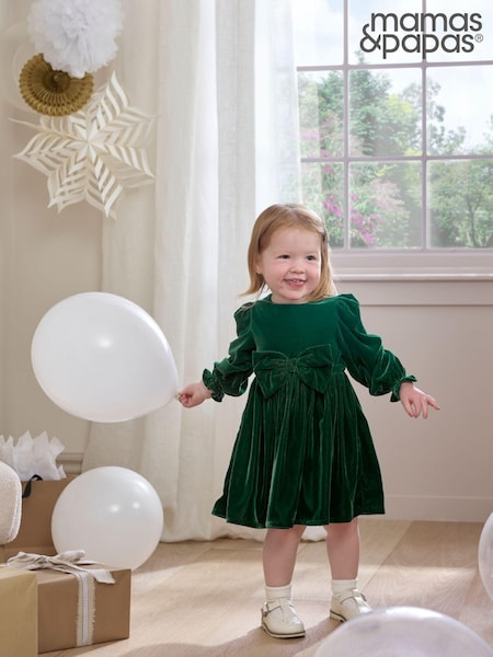 Mamas & Papas Green Velvet Bow Dress (AW5093) | €31