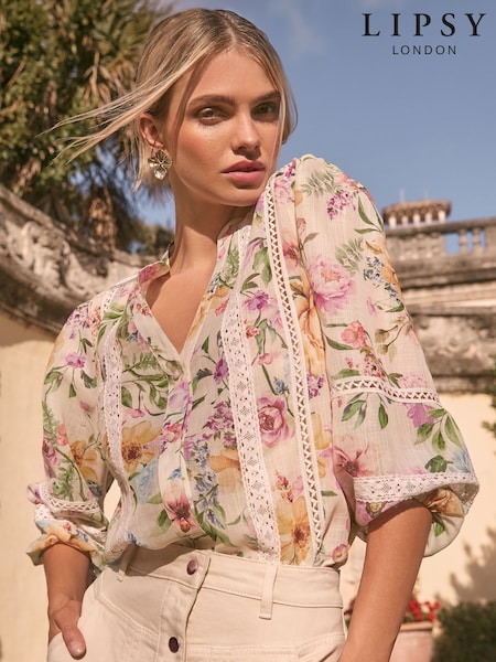 Lipsy White Floral Insert Trim Blouse (AW5139) | €66