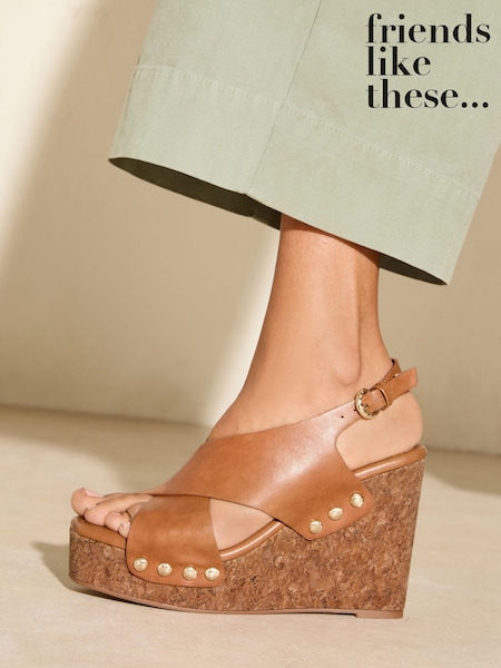 Friends Like These Brown Millie Mackintosh Cross Strap Comfort Faux Leather Wedge Clog Sandals (AW5187) | 243 QAR