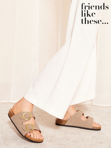Friends Like These Neutral Wide Fit Double Strap Buckle Footbed Comfort Slider Sandals (AW5190) | ₪111