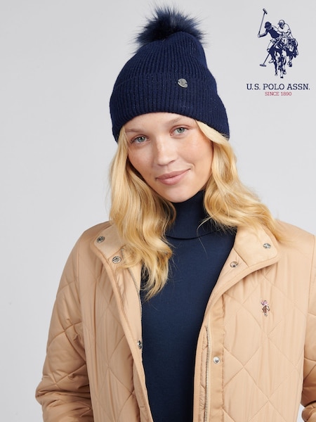 U.S. Polo Assn Blue Metallic Faux Fur Womens Bobble Beanie (AW5199) | €35