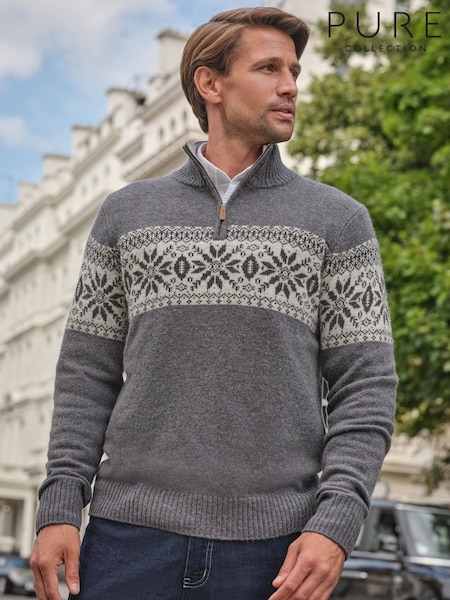 Pure Collection Grey Merino Quarter Zip Fairisle Pattern Jumper (AW5251) | 77 €