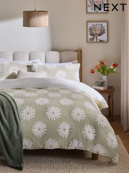 Green Fleece Daisy Floral Jacquard Duvet Cover and Pillowcase Set (AW5410) | €42 - €74