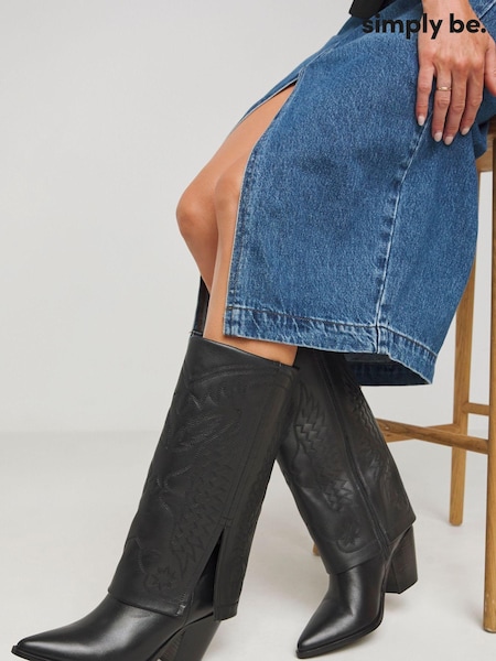 Simply Be Black Embroidered Cuff Western Boots In Extra Wide Fit (AW5508) | $64