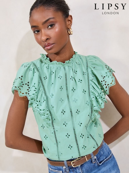 Lipsy Green Broderie Ruffle 100% Cotton T-Shirt (AW5584) | €50