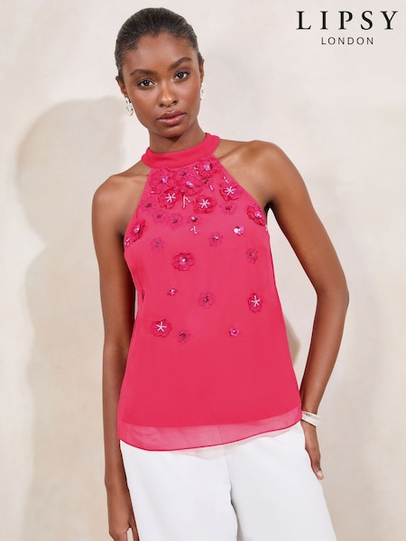 Lipsy Pink 3D Embellished Lower Halter Neck Top (AW5591) | €64