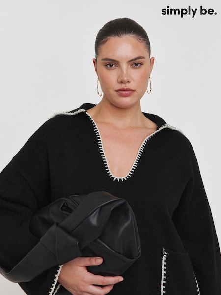 Simply Be Contrast Stitch Pocket Collar V-neck Jumper (AW5601) | ‏176‏₪