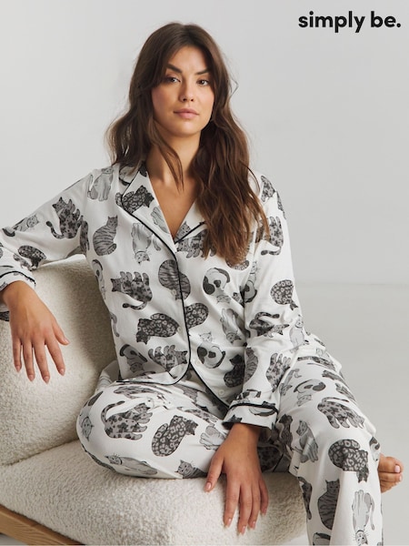 Simply Be 100% Cotton Pretty Secrets Button Through Cat Print Pyjamas (AW5604) | ‏156‏₪