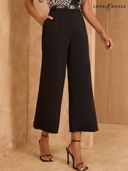 Negru - Love & Roses Decupat/Trei sferturi Pleat Front EVE Taioare Pantaloni (AW5758) | 298 LEI