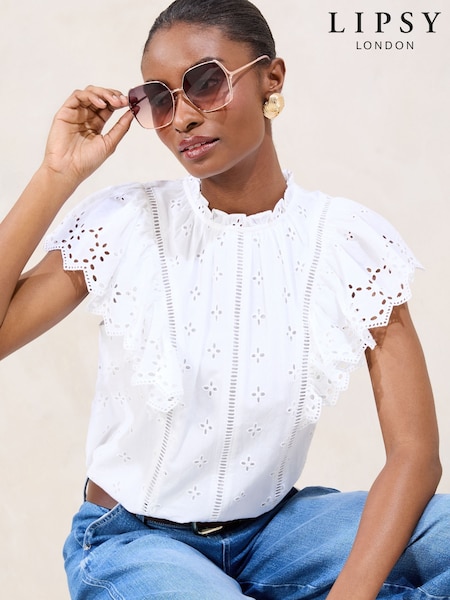 Lipsy White Broderie Ruffle 100% Cotton T-Shirt (AW5761) | €50
