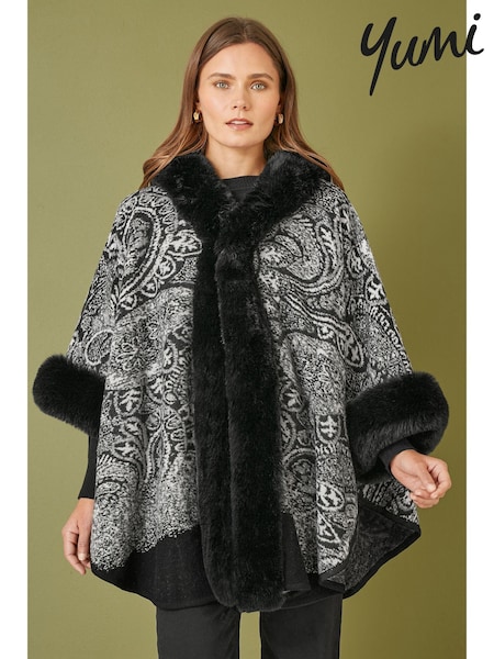 Yumi Black Faux Fur Trim Cape Poncho With Paisley Print (AW5796) | 371 QAR