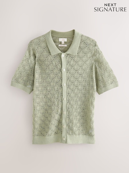 Verde oliva - Signature Linen Rich Short Sleeve Knit Crochet Button Through Polo Shirt (AW5930) | R$ 460