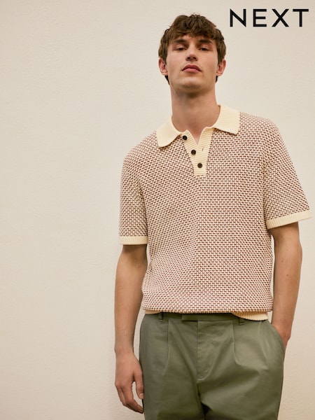 Brown/Ecru White Regular Fit Cotton Rich Short Sleeve Crochet Knit Polo Shirt (AW5931) | €44